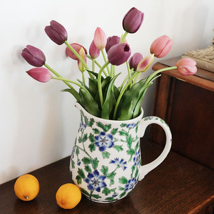 田园风手工胚高温烘焙手绘新绿牡丹手持陶瓷花瓶摆件