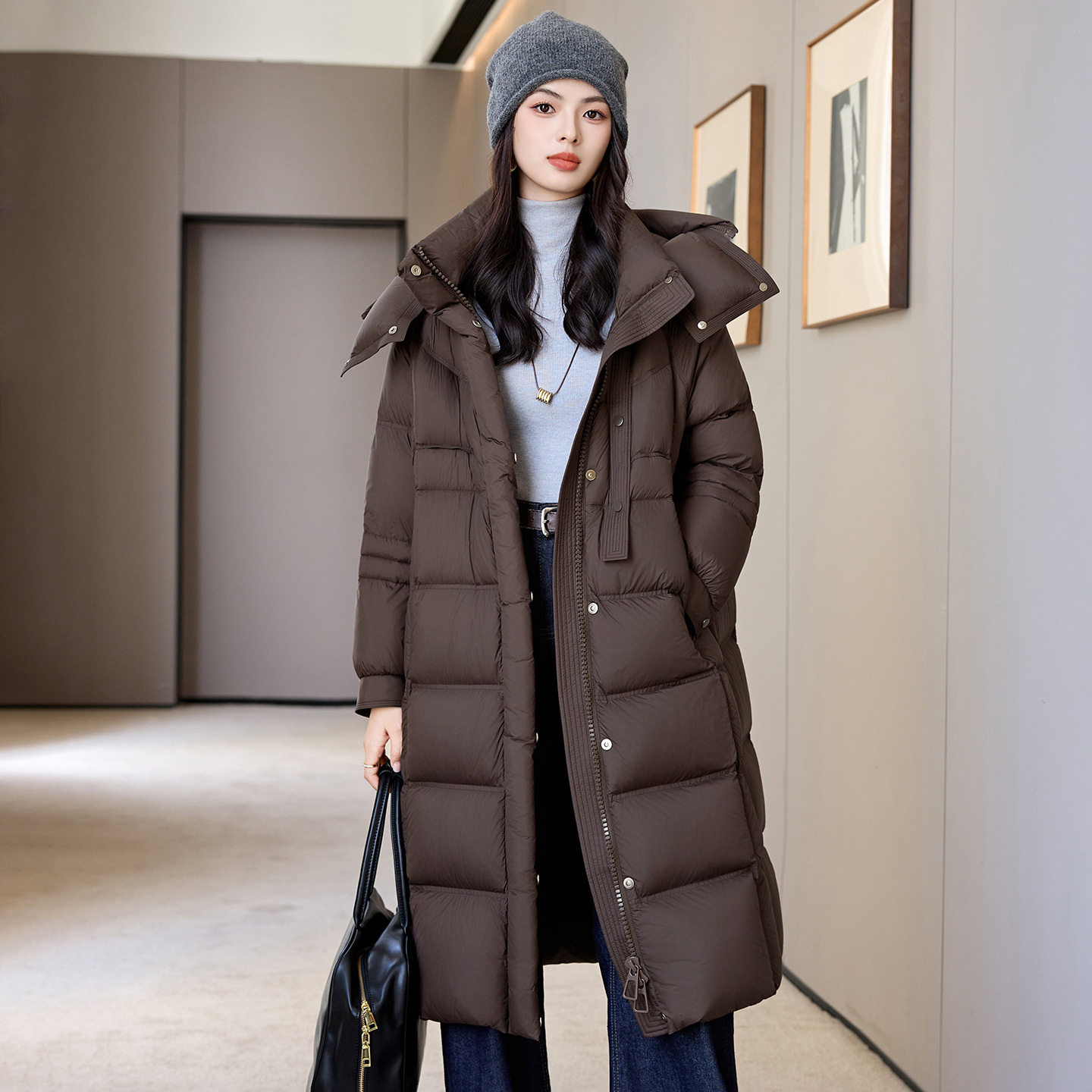 加长款棉服女2025新款宽松立领连帽防风冬季棉袄加厚过膝羽绒服