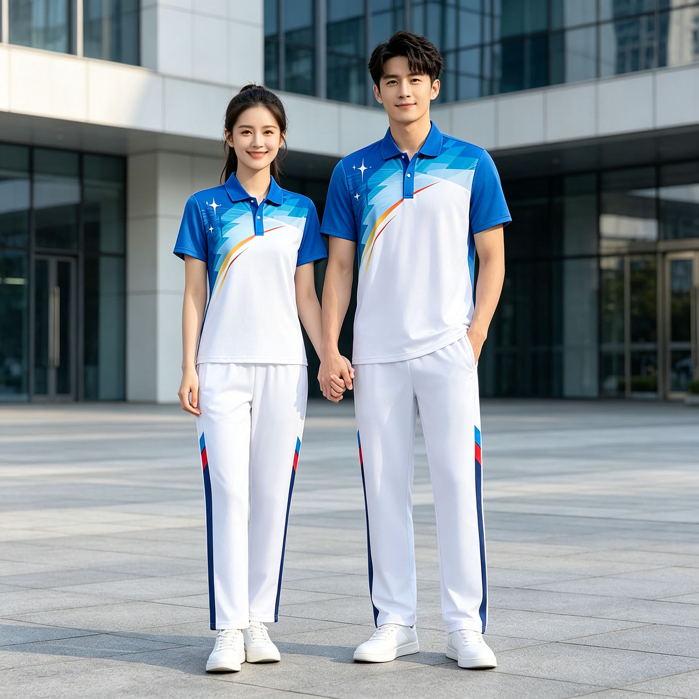 国家队运动短袖套装男女速干衣T恤情侣长裤跑步服翻领polo衫上衣