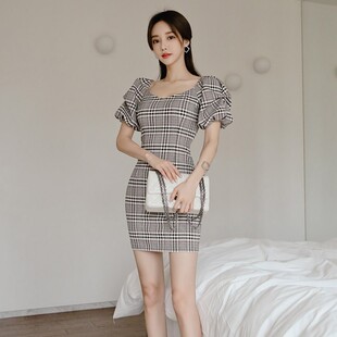 2025夏新款韩版时尚气质优雅显瘦复古风知性大气打底格子连衣裙