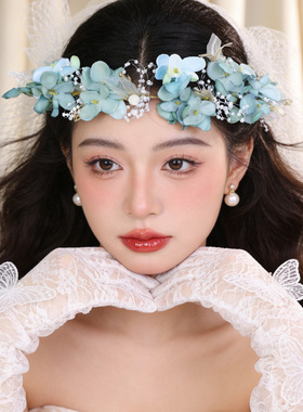 森系花环蓝色布艺仿真花发带甜美新娘头花女甜美婚礼写真造型发饰