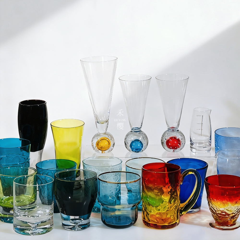 1117禾樱中古出口外贸法式小众早餐果汁彩色玻璃水杯酒杯创意新款