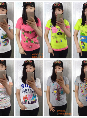 短袖T恤 ROUGH女生夏薄大版 肥版修身贴布印花竹节棉学生出口日系