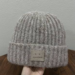 可爱方块笑脸显脸小针织帽子女秋冬保暖大弹力包头毛线帽冷帽男