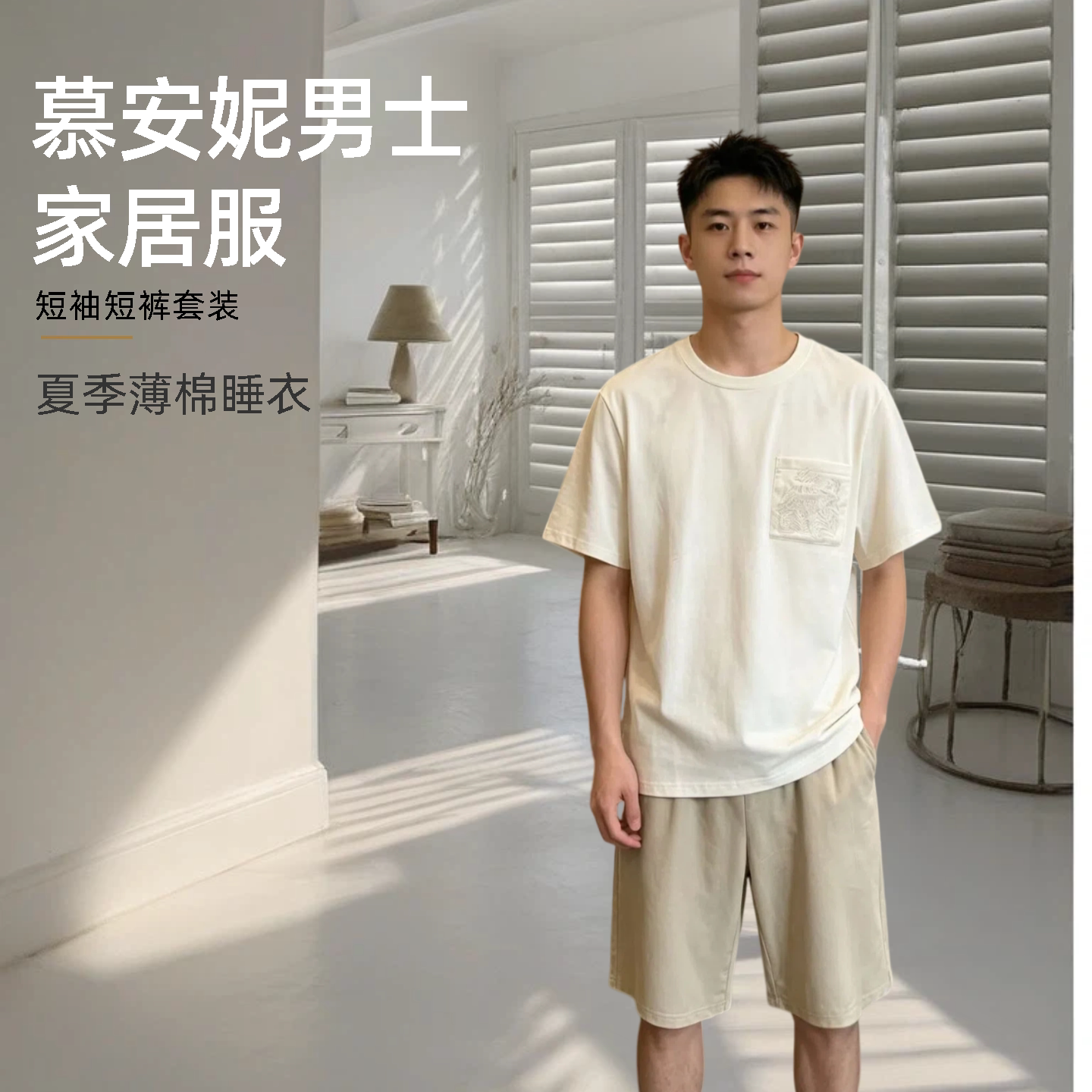 慕安妮男士薄棉家居服短袖短裤睡