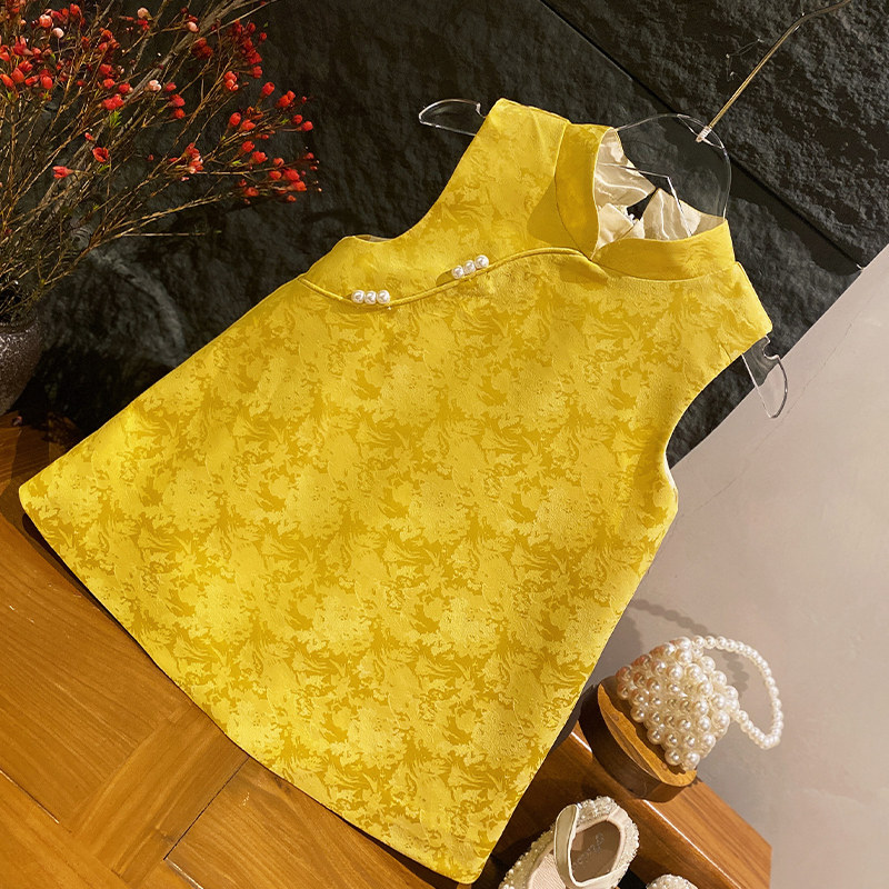 女童旗袍夏中式金色国风衣服女孩黄色婴儿童连衣裙周岁女宝宝礼服