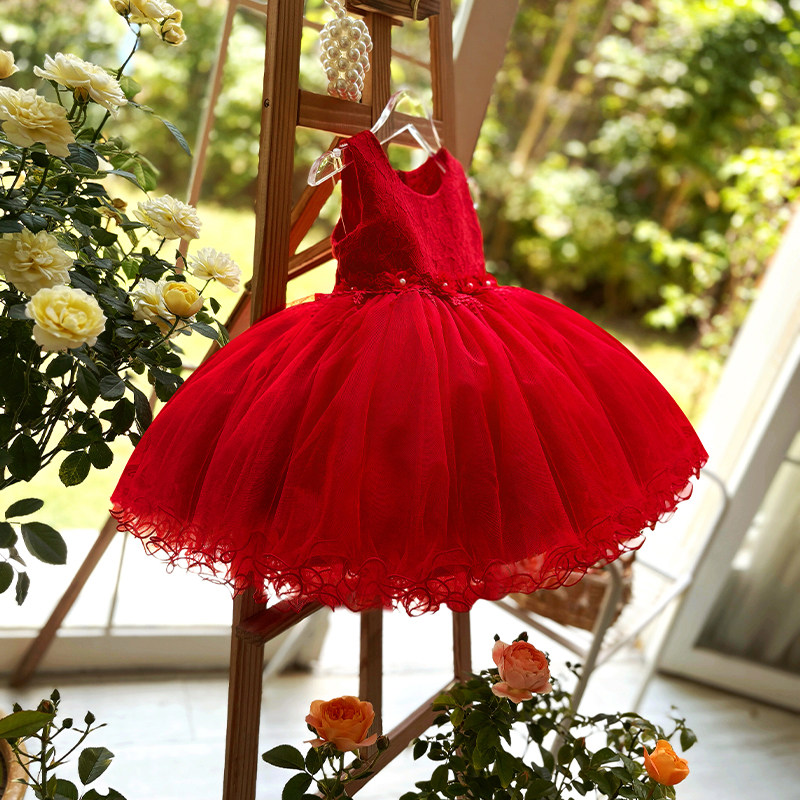 礼服裙女童高端红色周岁生日花童图片