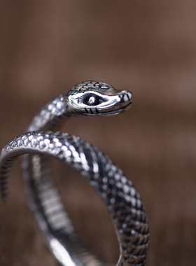 S925银复古做旧蛇戒指男款个性霸气眼镜王蛇开口可调节泰银指环