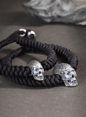 男款纯银骷髅头编绳手链首胜