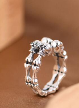 骷髅骨头戒指足银朋克男款