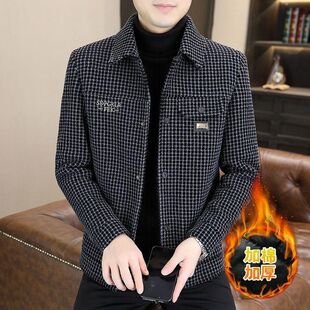 新款加绒加厚翻领外套男秋冬潮牌格子印花短款风衣时尚妮子大衣
