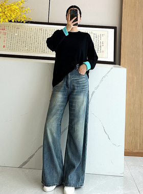 C4814时尚巴黎的老店 时髦洒脱感 复古做旧浅蓝色 立裁阔腿牛仔裤