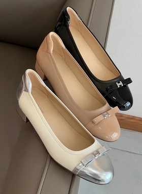 C3246 时尚巴黎的老店 巨好看 拼漆皮小圆头 羊皮 蝴蝶结低跟单鞋