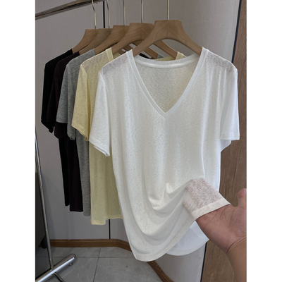 C4979 时尚巴黎的老店 自留 松弛又显瘦 巨舒服 莱赛尔亚麻V领T恤