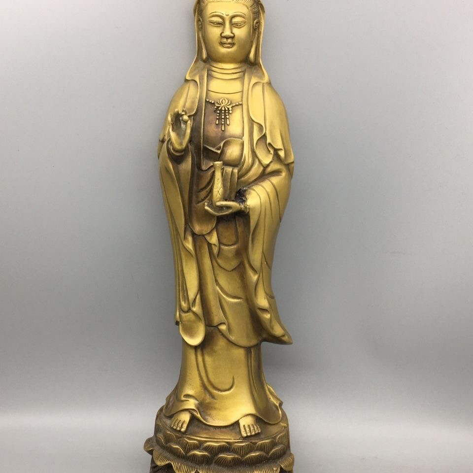 古玩铜器收藏黄铜大号站观音像摆件 精工铜器 包浆醇厚 家居收藏