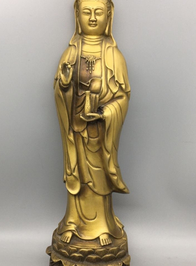 古玩铜器收藏黄铜大号站观音像摆件 精工铜器 包浆醇厚 家居收藏