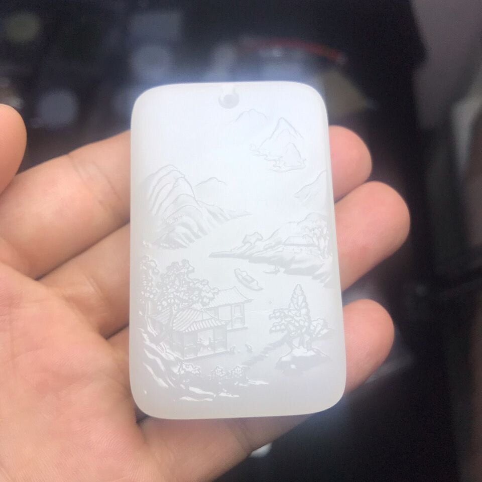 真品天然新疆和田玉山水牌羊脂级白玉山水牌挂件双面雕工吊坠玉坠