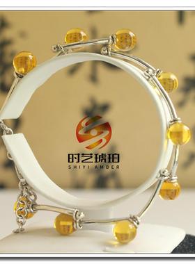 手链天然琥珀蜜蜡圆珠925银饰镶嵌可调手寸女款福利款