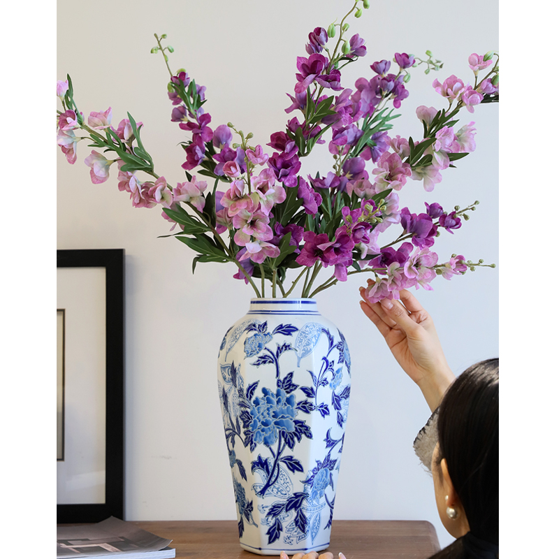 芙菡居品“京城牡丹”新中式陶瓷六方瓶客厅角几电视柜玄关摆件