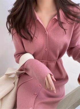 十三行早秋连衣裙长袖显瘦内搭针织裙法式长款毛衣裙Polo领系带裙