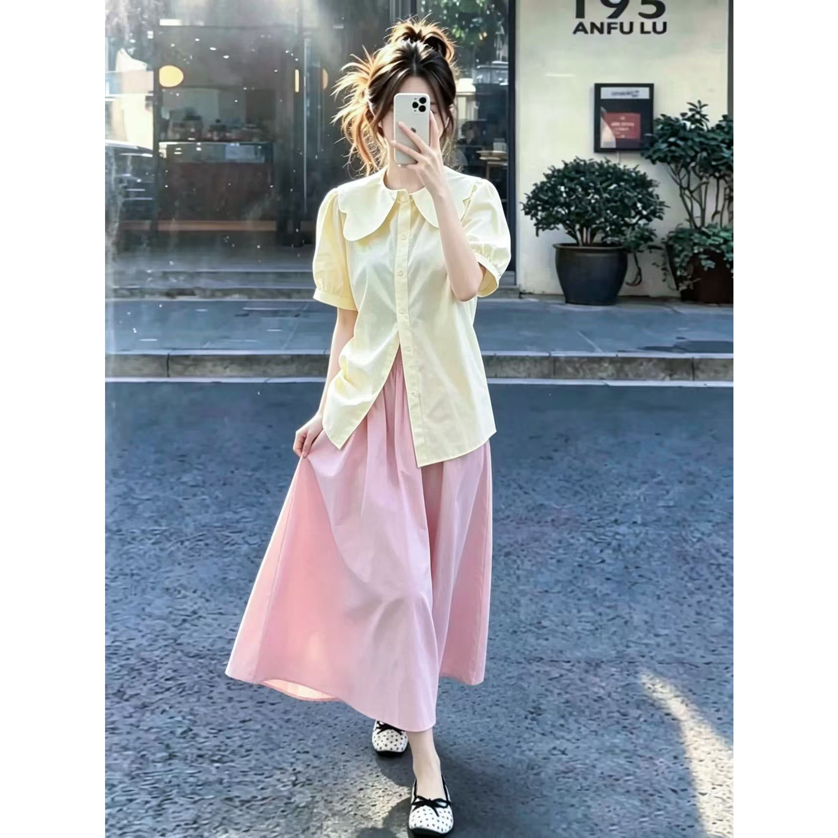 多巴胺甜美娃娃领衬衫半裙套装