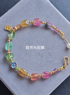 (春节钜惠)原创设计天然碧玺原石方糖豆随形手链925银非k黄金甜美