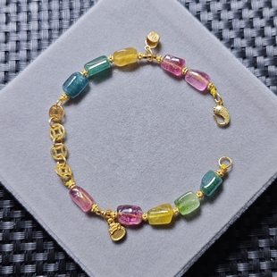 (年底钜惠)原创设计天然碧玺原石方糖豆随形手链925银非k黄金甜美