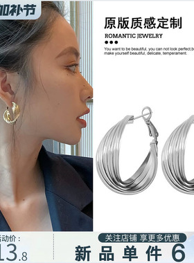 多层扭纹银色耳圈女小众耳环2026年新款爆款高级感耳钉气质耳饰品