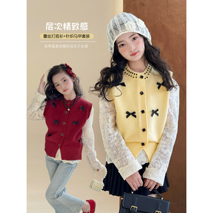 女童套装2026春季新款儿童韩版毛衣针织马甲衬衫春装洋气两件套潮