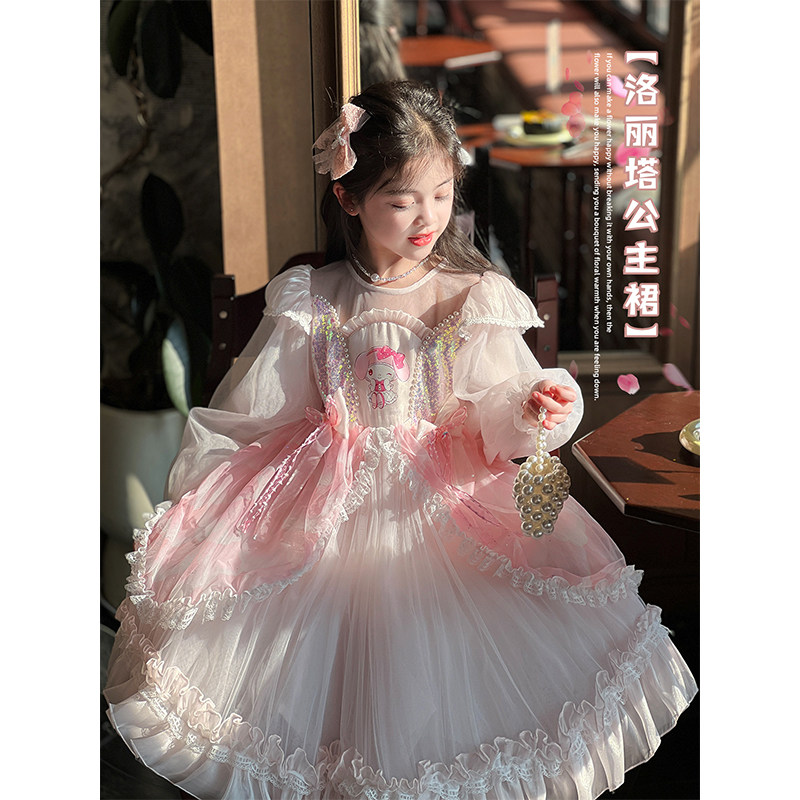 女童连衣裙春秋款2025新款儿童洛丽塔卡通网纱裙女孩洋气公主裙