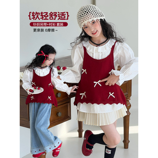女童套装2026春季新款儿童毛衣马甲衬衫中大童洋气针织背心两件套