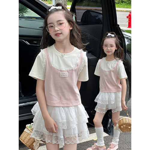 女童短袖T恤2026夏季新款儿童短款洋气假两件夏装韩版甜美上衣潮