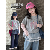 女童长袖 儿童假两件印花上衣女孩洋气休闲打底衫 T恤2026春季 新款