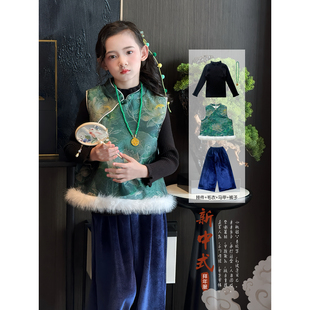 女童汉服2025冬季新款儿童唐装新中式套装女孩国风夹棉马甲阔腿裤