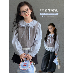 女童套装2026春季新款儿童针织马甲背心衬衫小女孩韩版休闲两件套