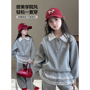 女童套装2026秋季新款儿童韩版学院风蕾丝卫衣裤子洋气上衣两件套