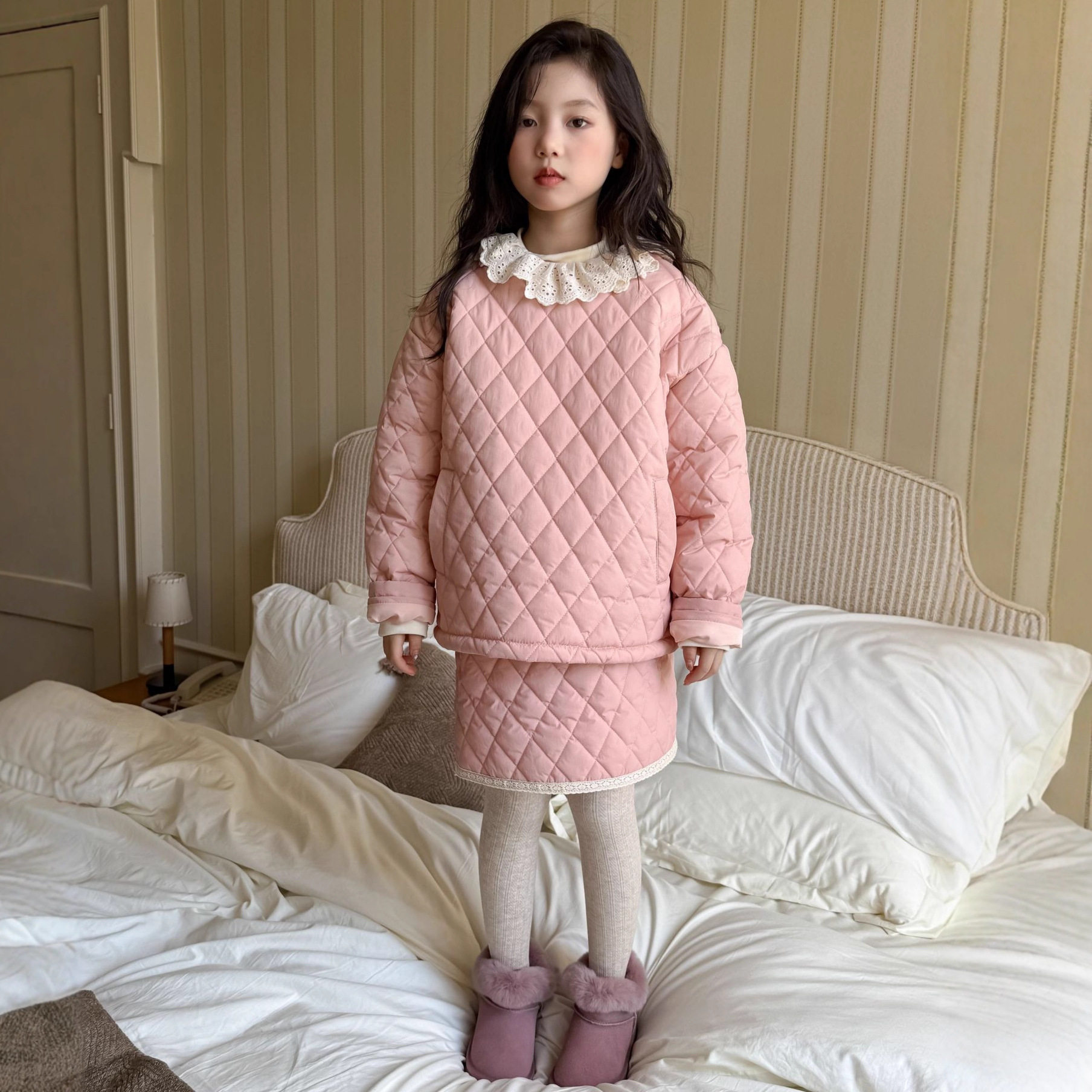 童套装2025冬款女童娃娃领粉色棉衣外套蕾丝边短裙套装韩版两件套