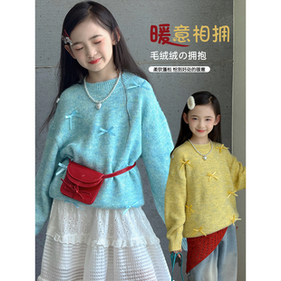 女童毛衣2025秋季新款儿童蝴蝶结针织衫套头中大童韩版宽松上衣潮