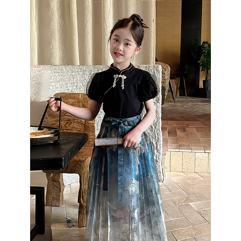 朵妈定制女童汉服2025夏季新款儿童新中式短袖上衣国风马面裙套装