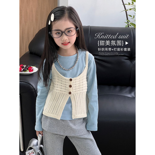 女童套装2026秋季新款儿童韩版背心T恤春秋马甲打底衫洋气两件套