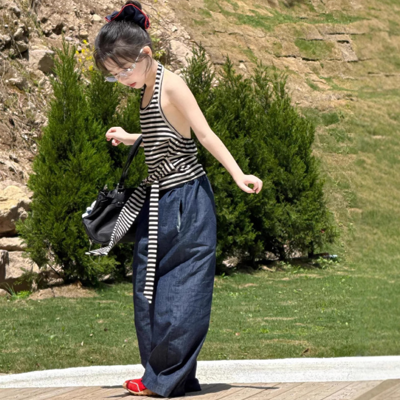 女童套装2025夏季新款背心上衣百搭休闲牛仔裤长裤两件套中大童潮