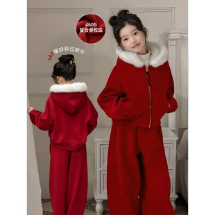 女童套装冬装2025新款仿皮草连帽亲子装儿童宝宝加厚加绒外套裤子