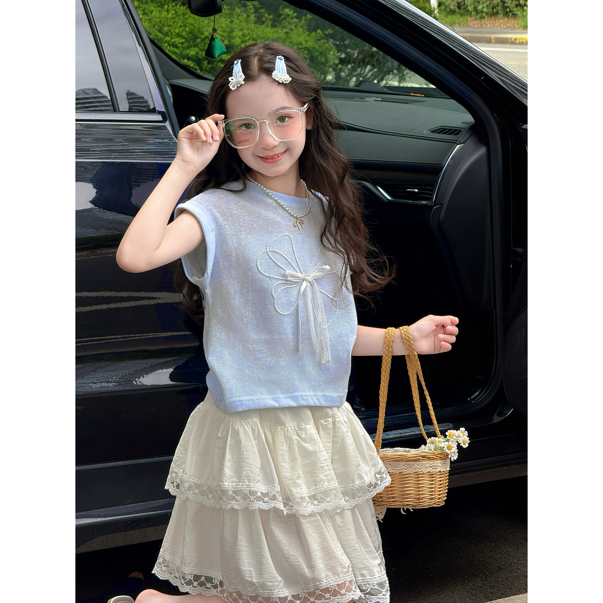 女童套装2026夏季新款儿童甜美蝴蝶结T恤半身裙子韩版可爱两件套图片