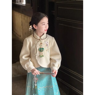 女童汉服秋款套装2024新款秋季女宝宝单层棉民族风马面裙两件套