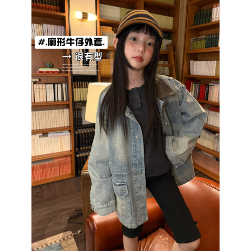 女童牛仔外套2026秋款韩版儿童洋气百搭中大童翻领宽松休闲上衣潮