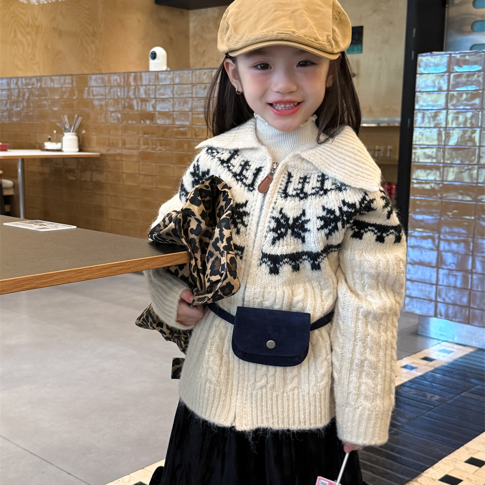 童装女童外套2025秋季新款韩版翻领开衫毛衣中大童女童甜美上衣潮