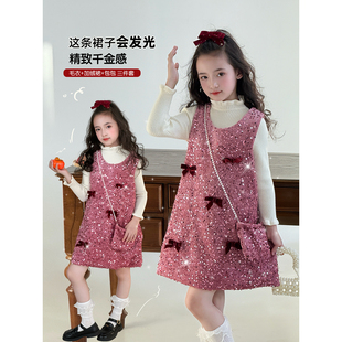 女童连衣裙套装2025冬季新款儿童加绒背心裙女孩新年衣服洋气裙子