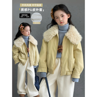 女童皮衣2025冬季 儿童翻领加厚保暖外套中大童洋气夹克上衣潮 新款