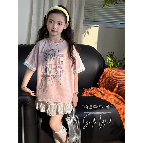 女童T恤2026夏季新款儿童蝴蝶结洋气宽松上衣中大童薄款韩版短袖