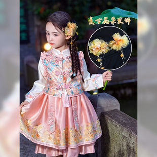 新款古风仙气晶珠绢花发夹小众轻奢古典演出发饰儿童流苏汉服头饰